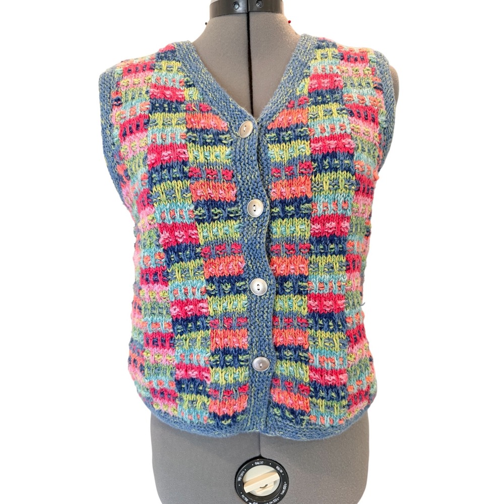 Susan Bristol Vintage Y2K Multi Color Patchwork Knit Sweater Vest Womens Small - Picture 3 of 11